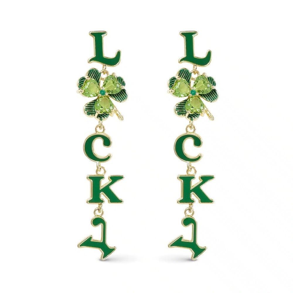 New AMANDA BLU GOLD CZ LUCKY AND CLOVER DANGLE EARRINGS